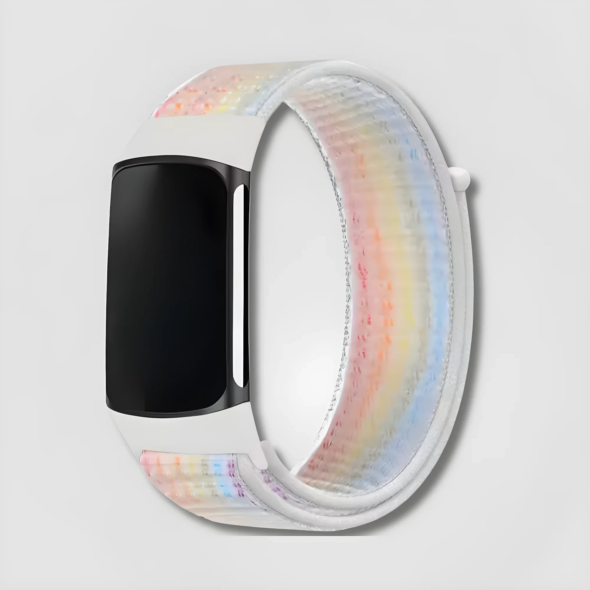 Image of Fitbit Charge with Aeri Sport Loop iridescent white band, pastel rainbow texture, on white background