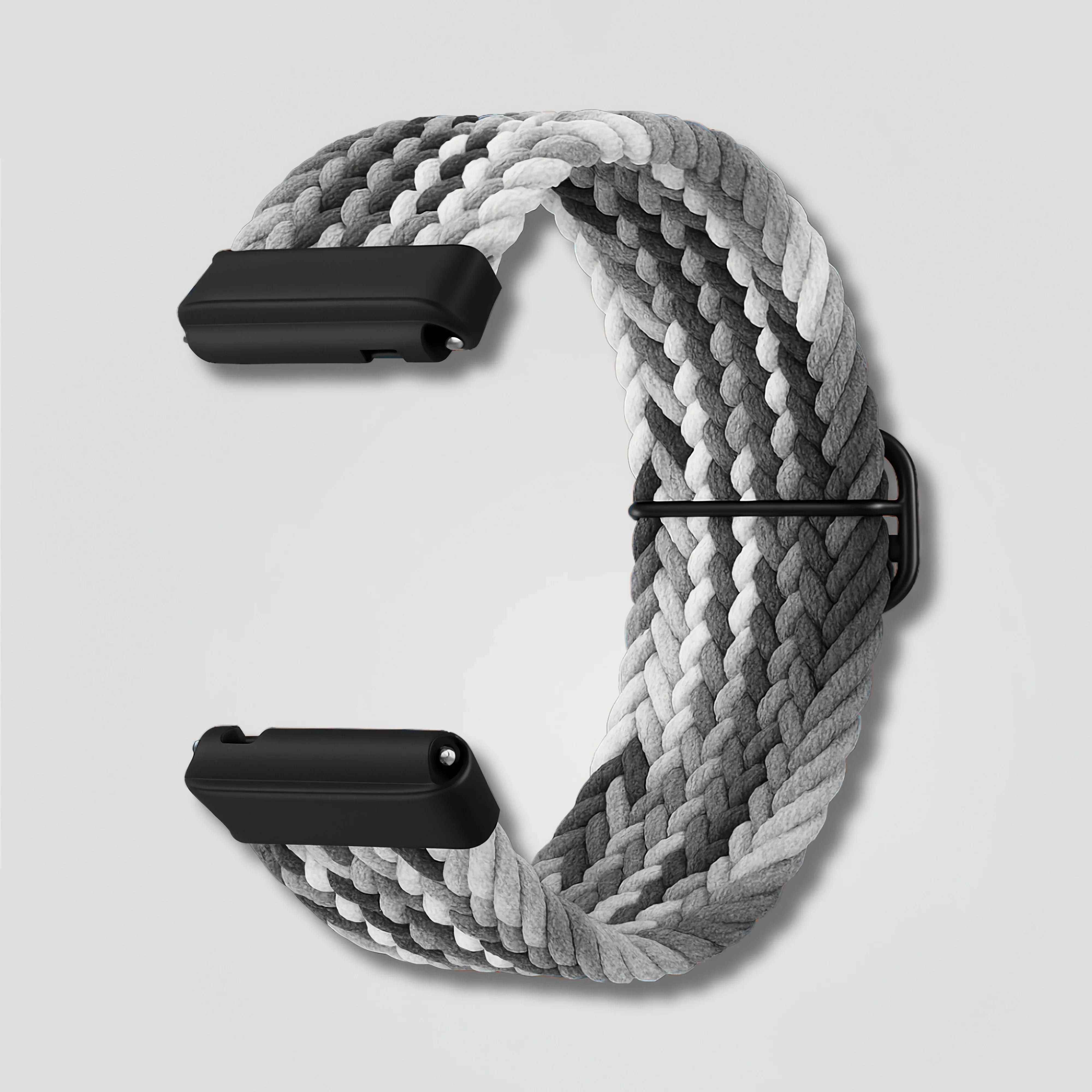 Braided black and gray Fitbit Versa and Sense loop band on white background