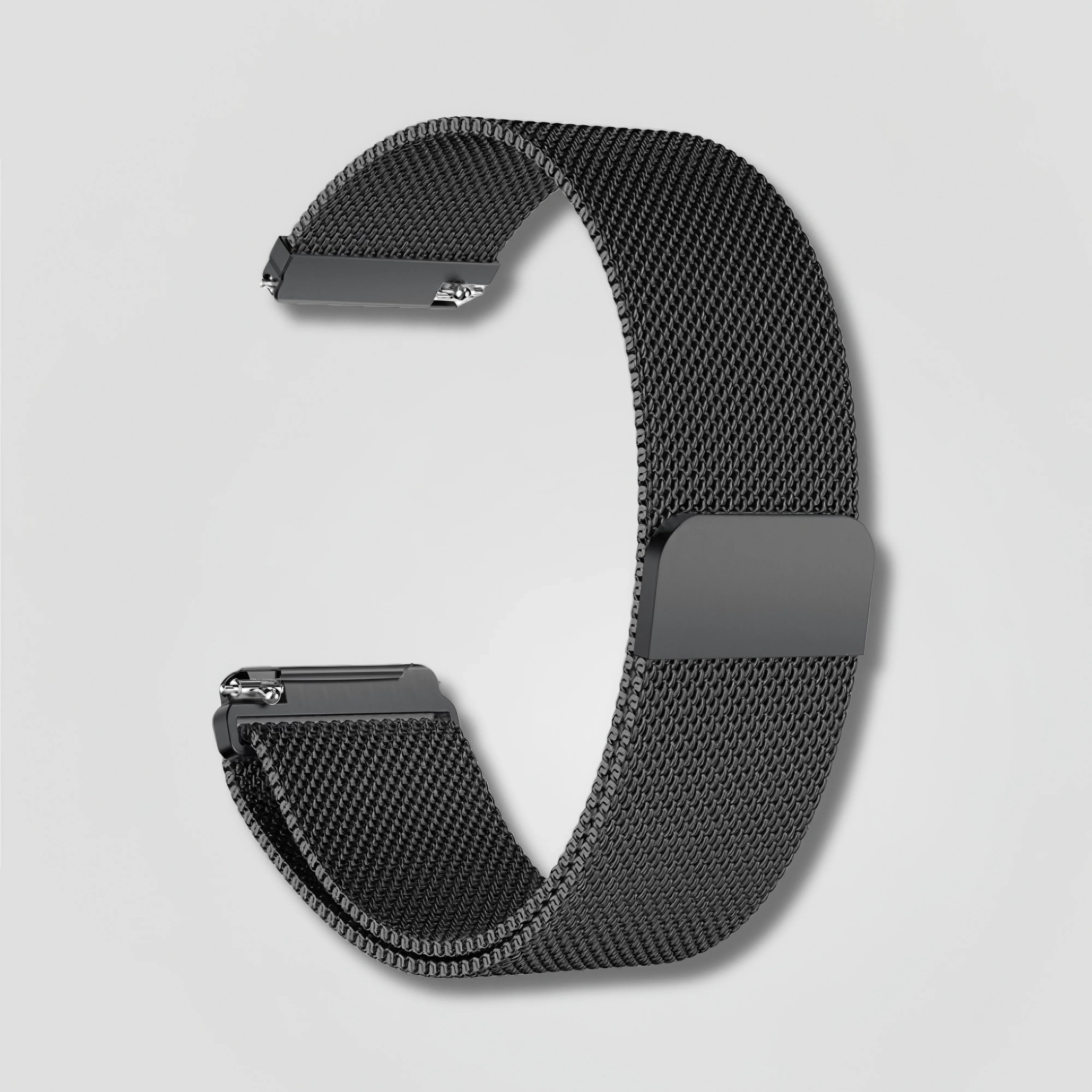 Black stainless steel mesh watch band on white background