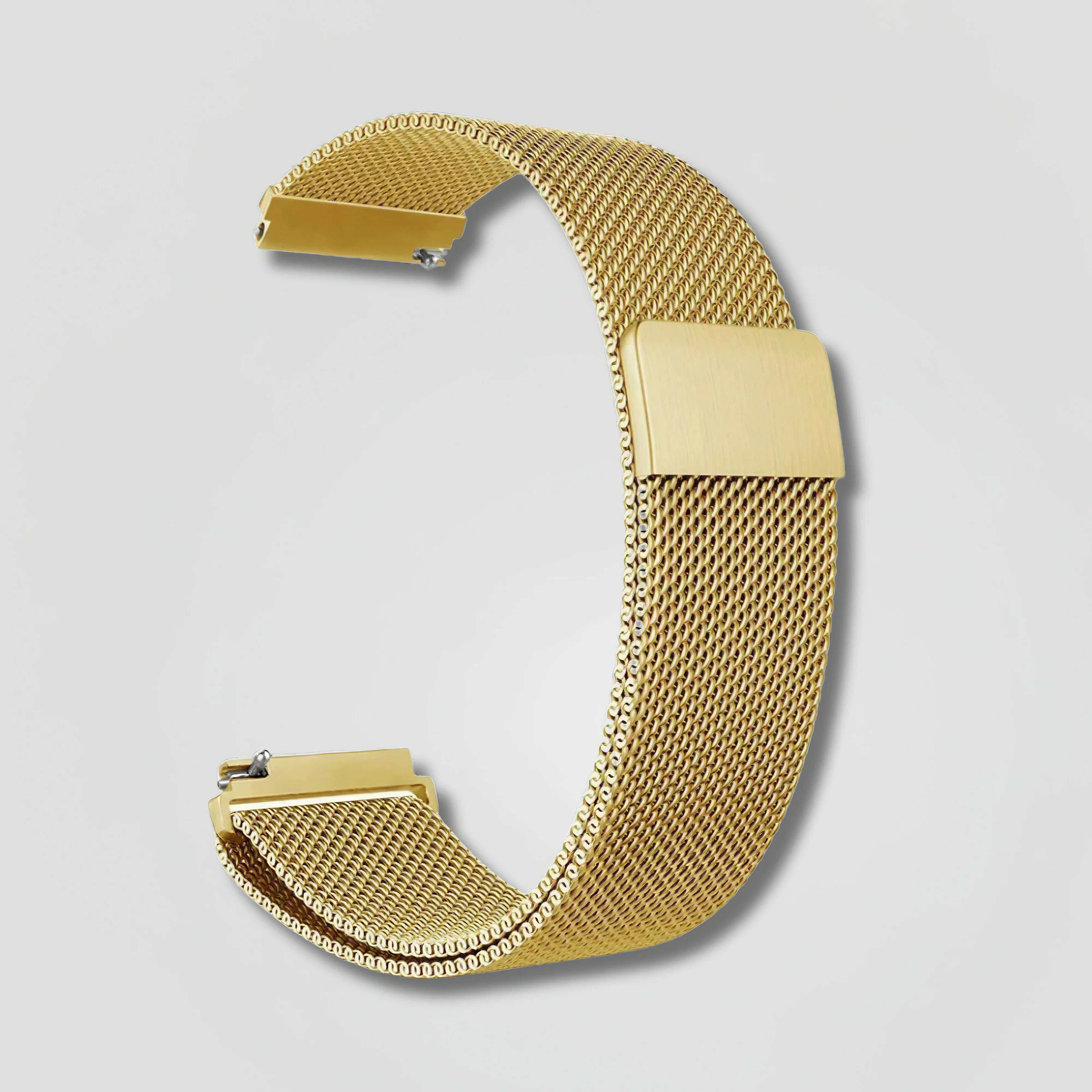 Image of Gold mesh stainless steel watch band on light background