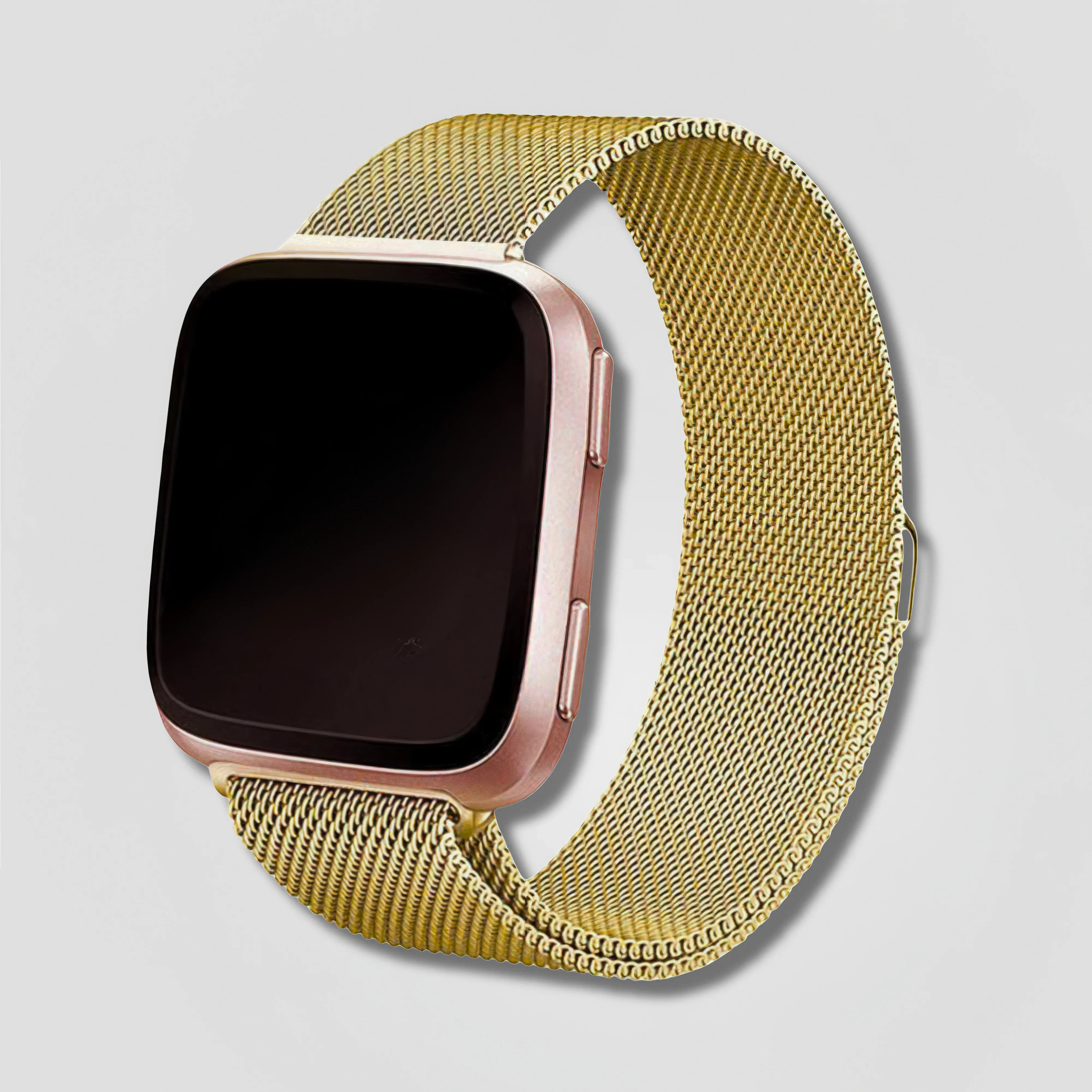 Image of Gold mesh band smartwatch with square black screen on gray background