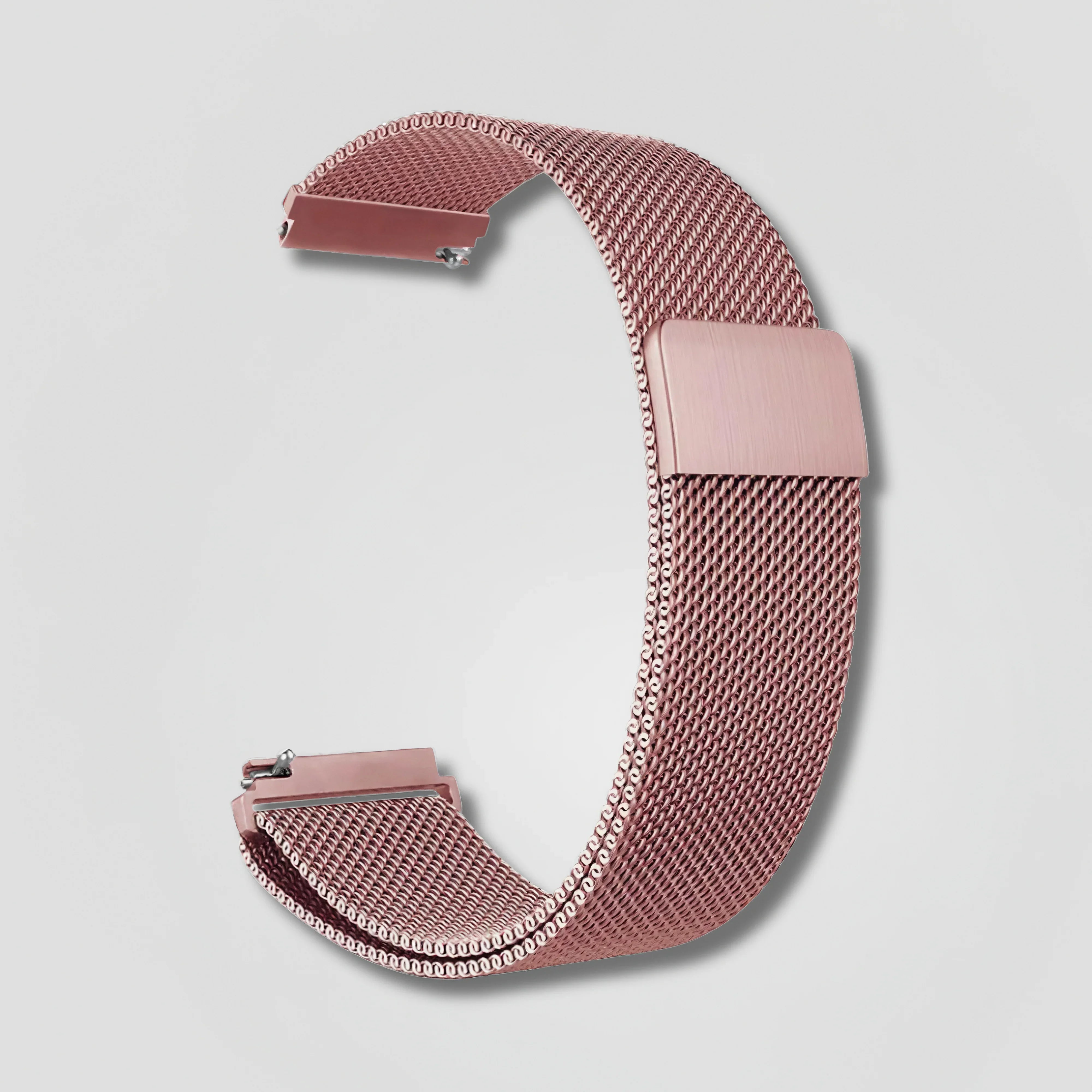 Image of Rose gold mesh stainless steel watch band on white background