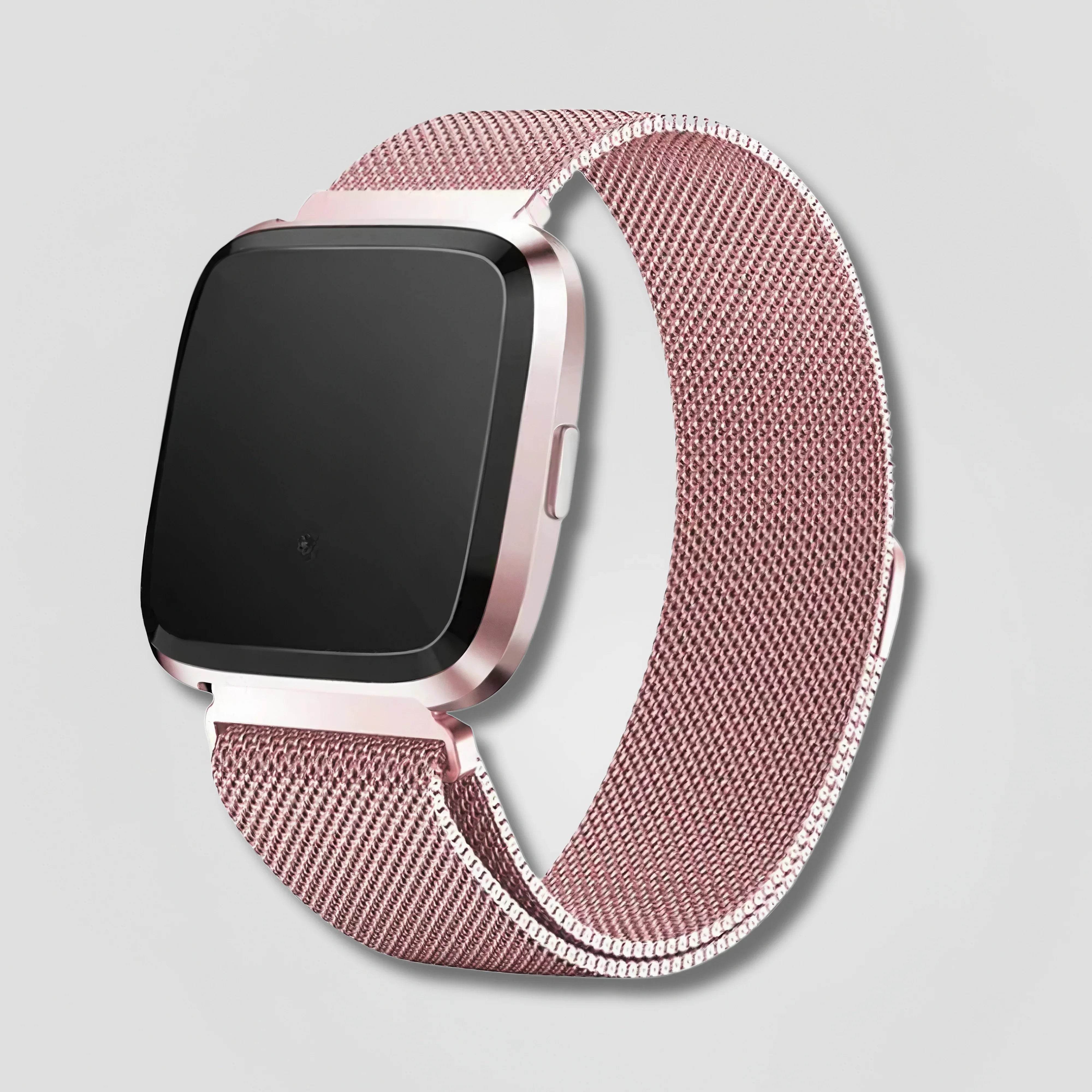 Image of Rose gold smartwatch with mesh band on light grey background