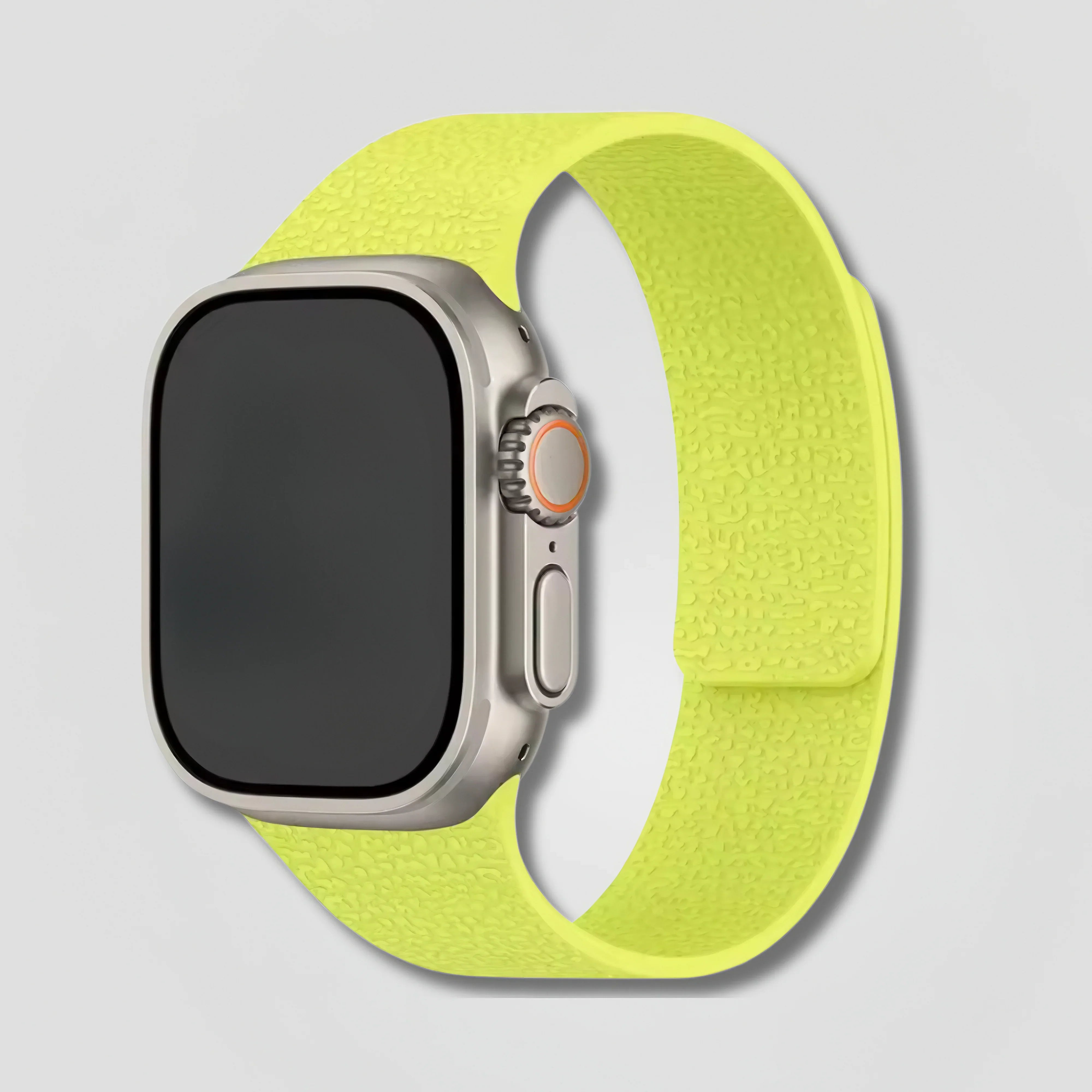 Image of Sera Magnetic Loop neon lime Apple Watch band on silver Apple Watch, textured finish