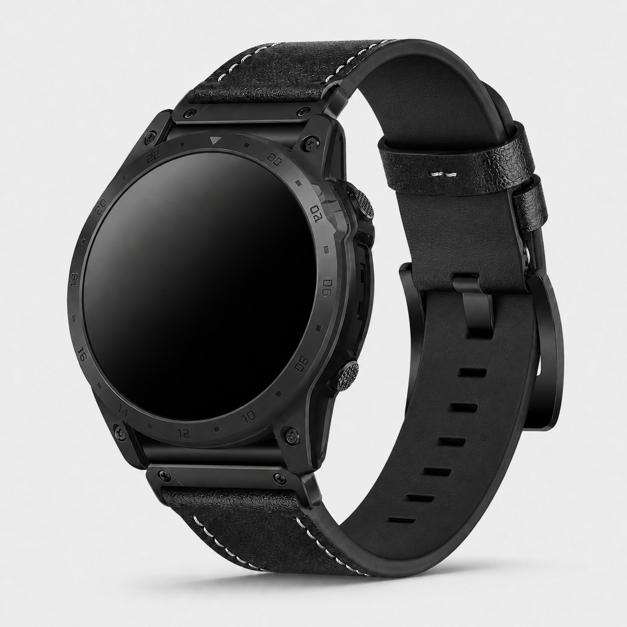 Image of Langford Black leather band fitted to a Garmin watch