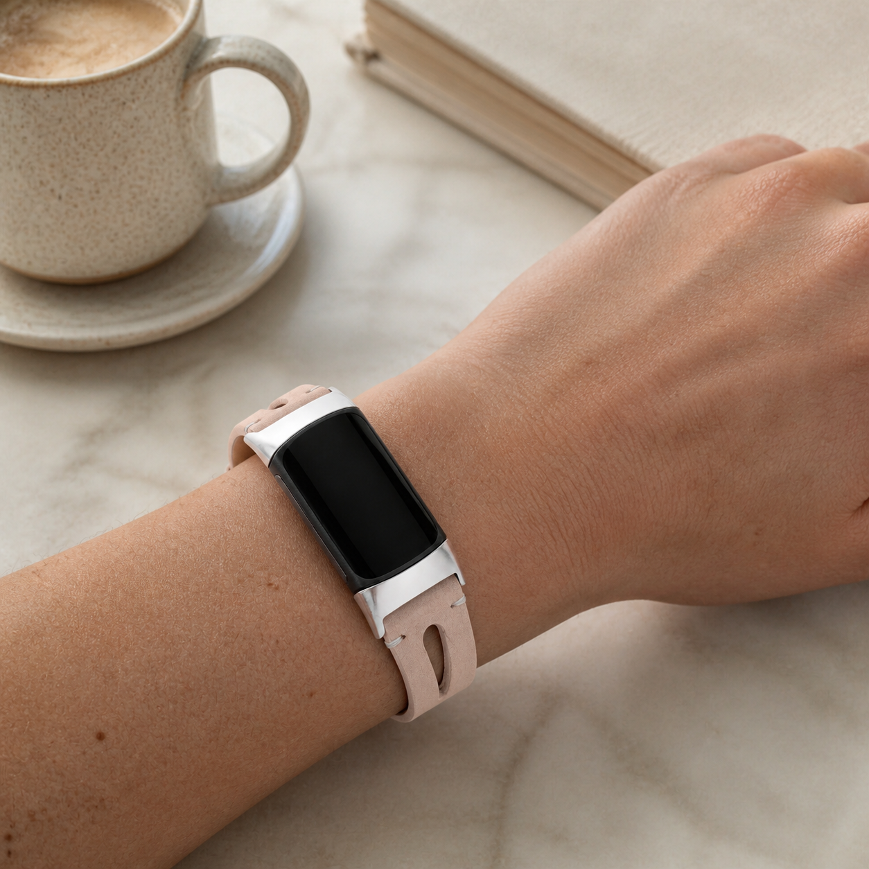 Image of Baby Pink Leora Genuine Leather Band for Fitbit Charge 5/6 in a casual lifestyle setting