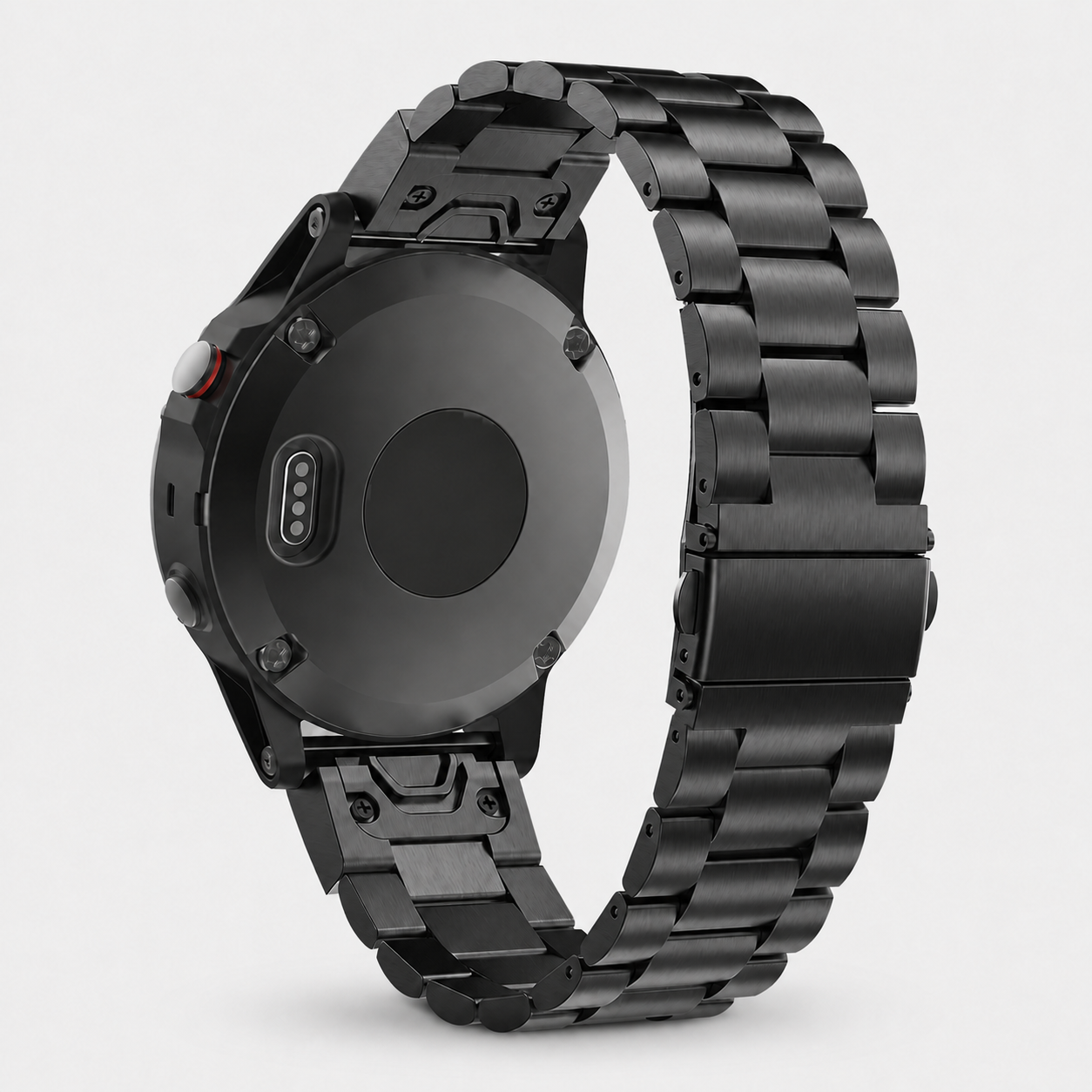 Image of Orven Black stainless link band fitted to a Garmin QuickFit 22 watch