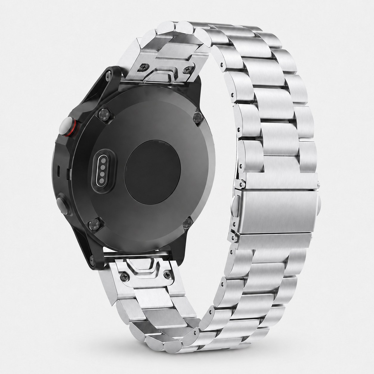 Image of Orven Silver stainless link band fitted to a Garmin QuickFit 22 watch
