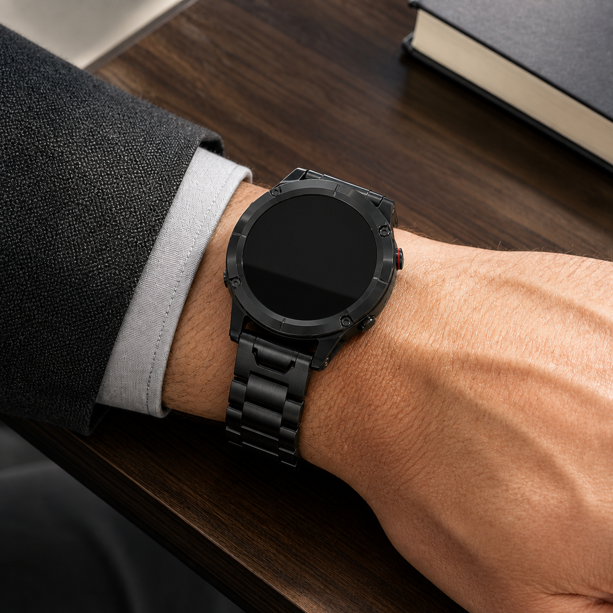 Image of Orven Black stainless link band worn with a Garmin QuickFit 22 watch