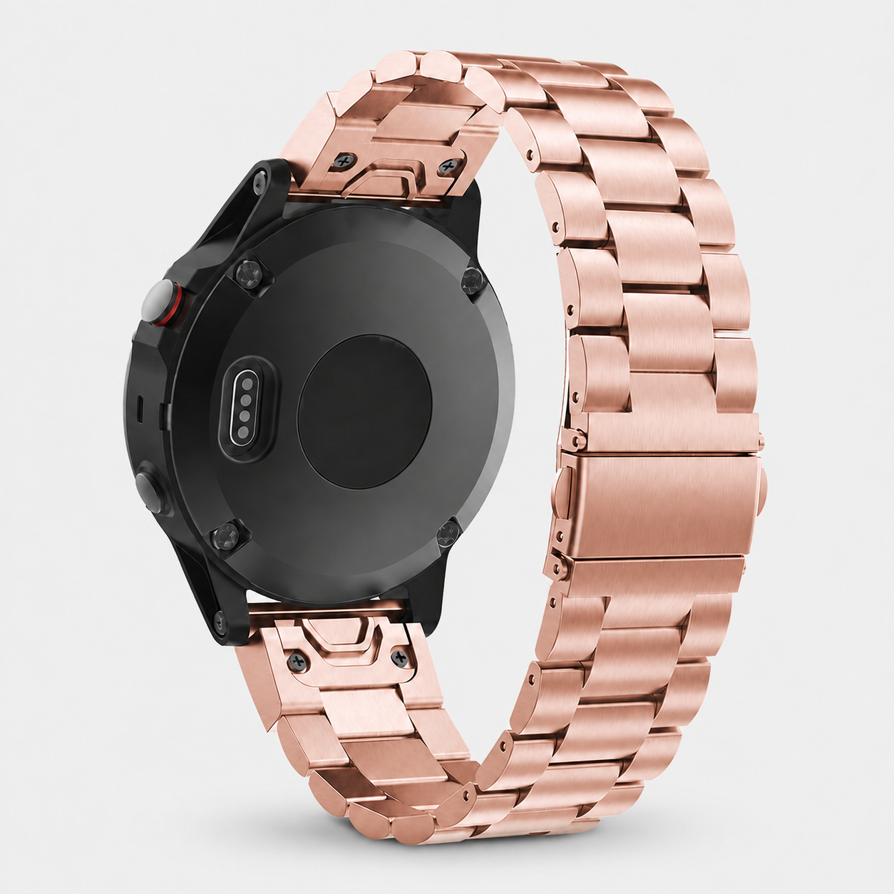 Image of Orven Rose Gold stainless link band fitted to a Garmin QuickFit 22 watch
