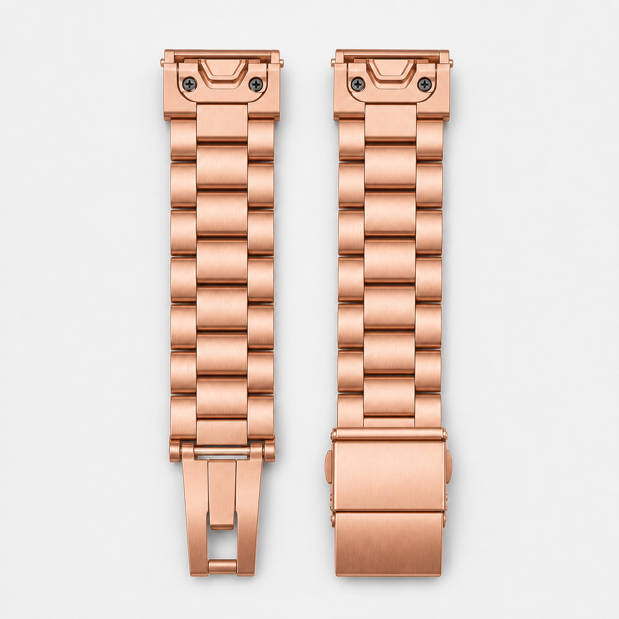 Image of Orven Rose Gold stainless link band and deployment clasp detail