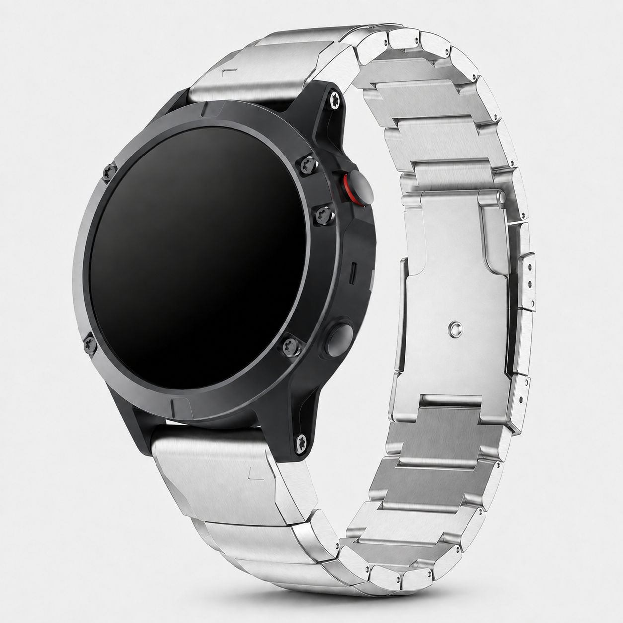 Image of Rovik Silver stainless link band fitted to a Garmin QuickFit 22 watch