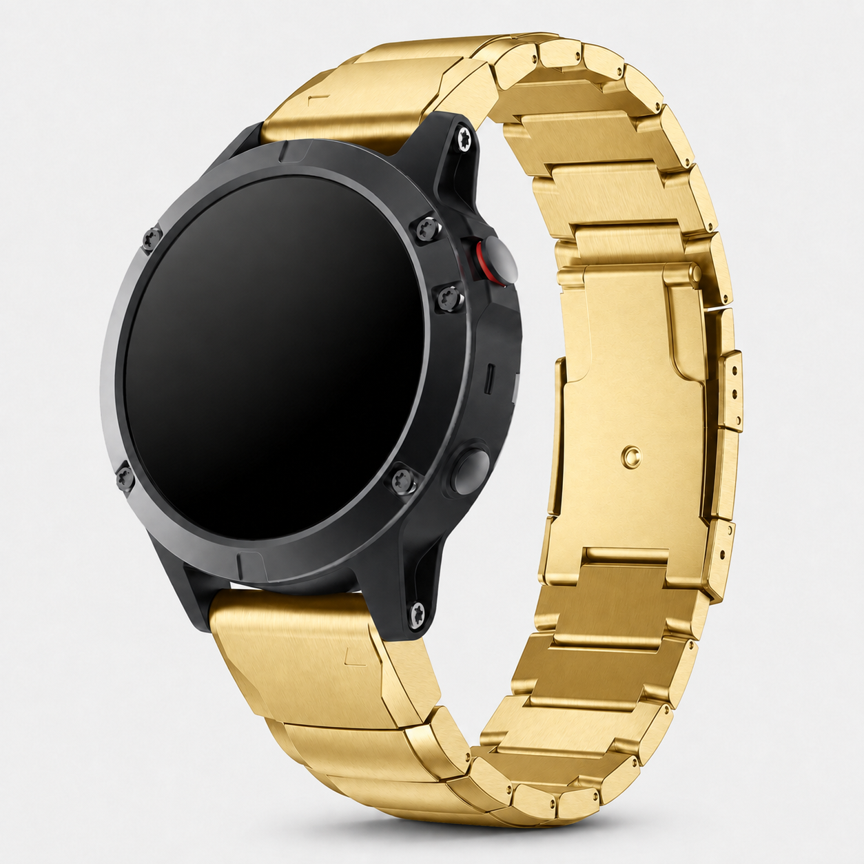 Image of Rovik Gold stainless link band fitted to a Garmin QuickFit 22 watch