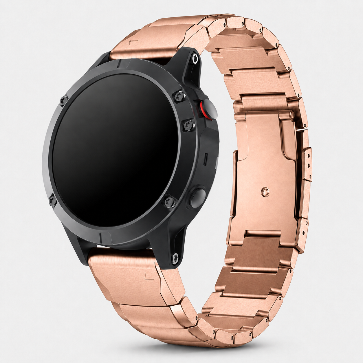 Image of Rovik Rose Gold stainless link band fitted to a Garmin QuickFit 22 watch