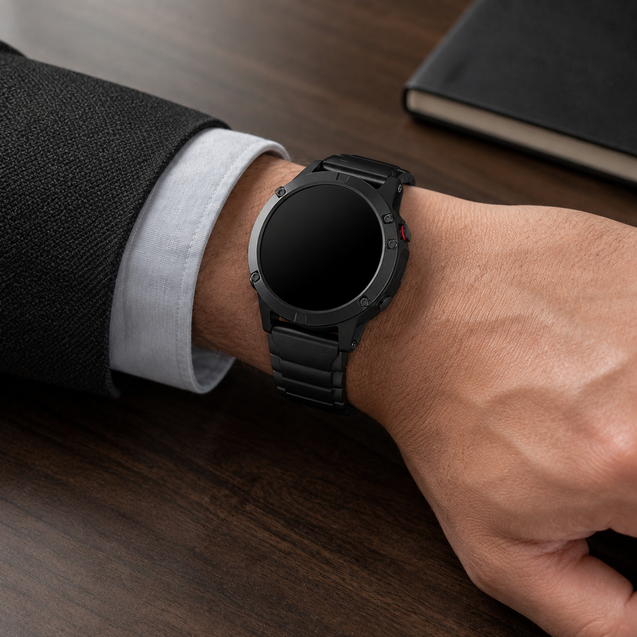 Image of Rovik Black stainless link band worn with a Garmin QuickFit 22 watch