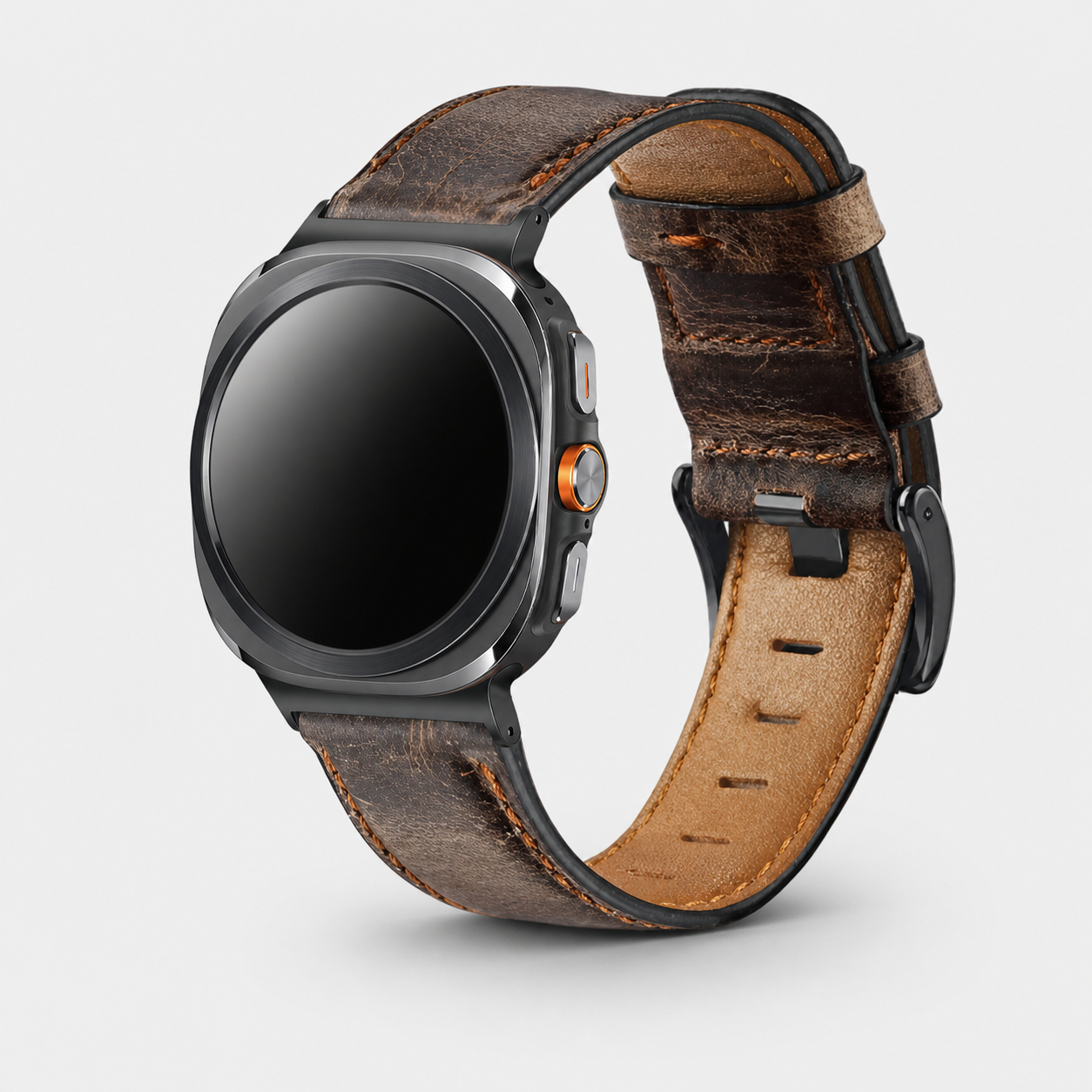Image of Varden Dark Brown distressed leather band fitted to a Samsung watch