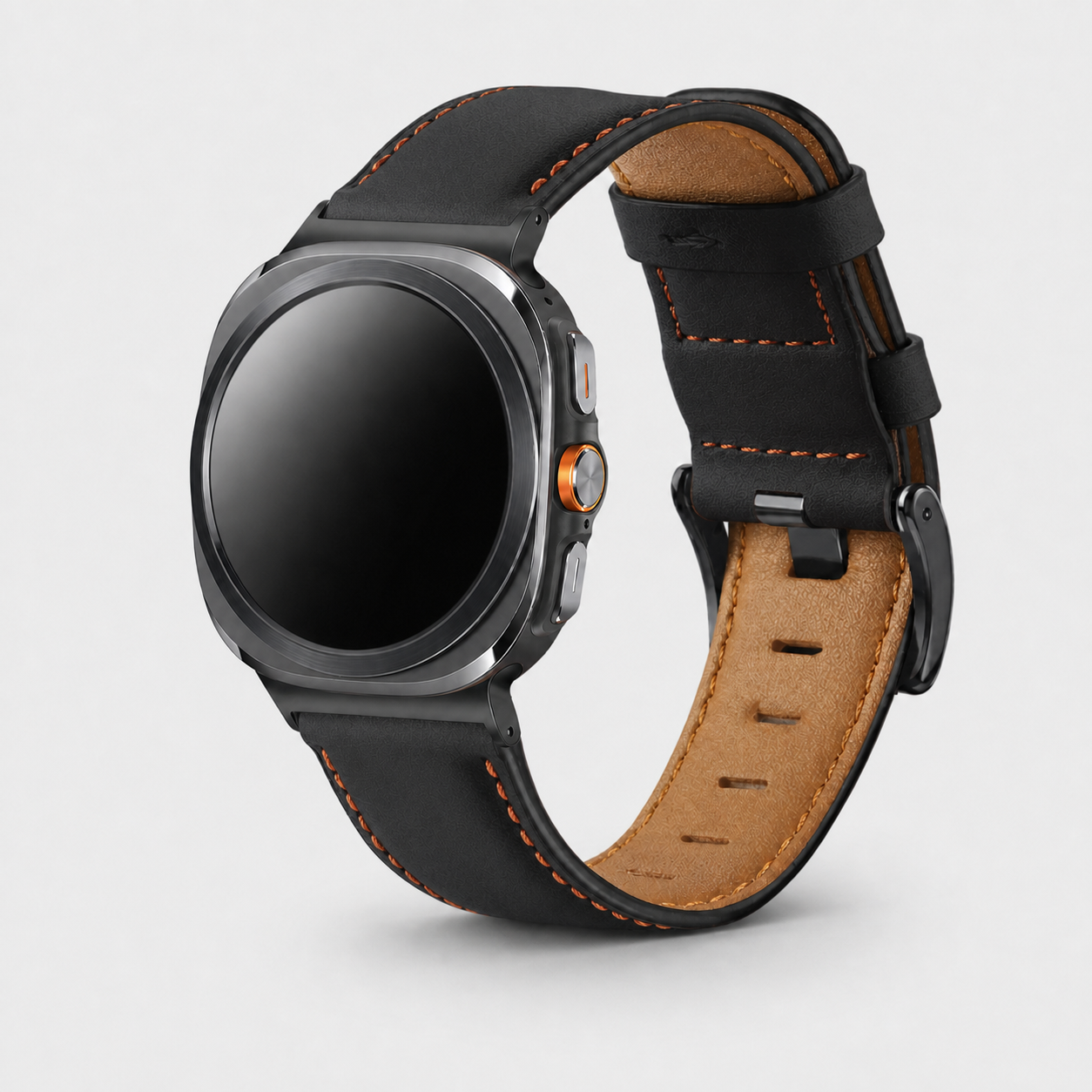 Image of Varden Black distressed leather band fitted to a Samsung watch